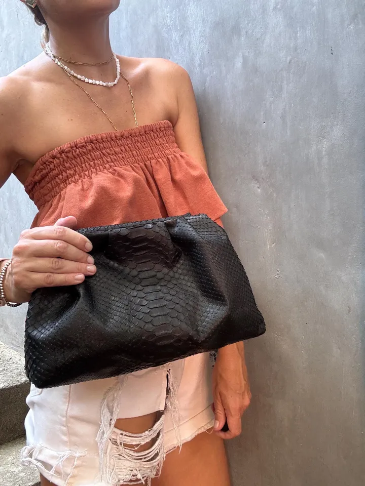 Genuine python skin black  pouch bag | exotic leather bags | medium size soft clutch | snake designer bag | gift for her | classy purse