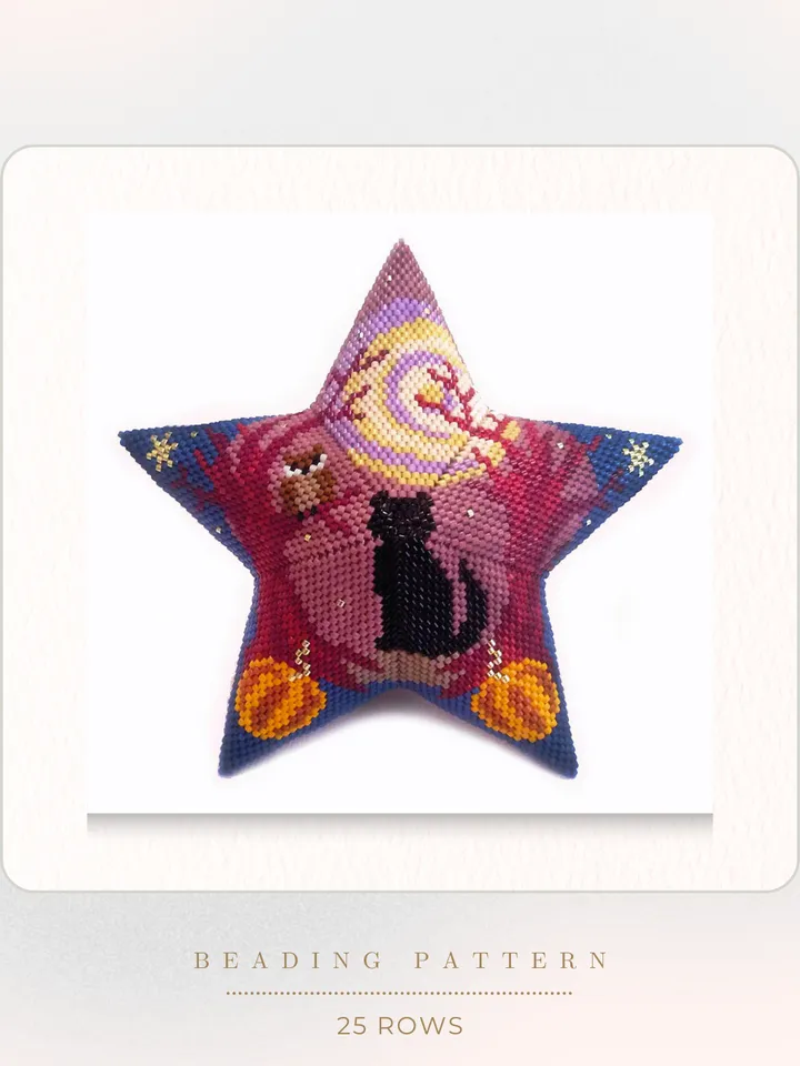 Magic Forest 3D Peyote Star Beading Pattern, Black Cat Halloween Beaded Star PDF Pattern, Seed Bead Ornament