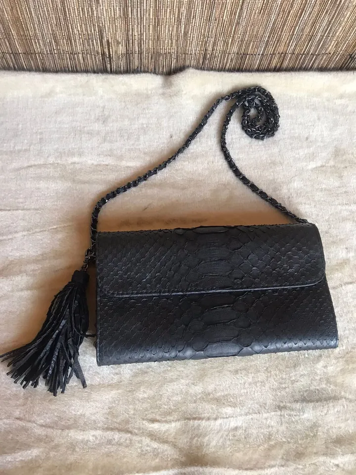 Genuine python skin classy flat clutch with shoulder chain | elegant evening women purse | designer leather bags | small shoulder snake bag