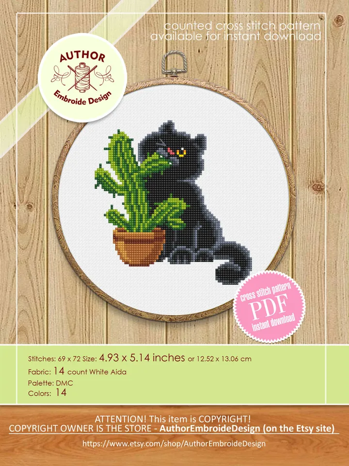 Black cat and cactus cross stitch pattern PDF download Funny cat cross stitch chart, Cactus pattern digital PDF, Plant lover gift #K47