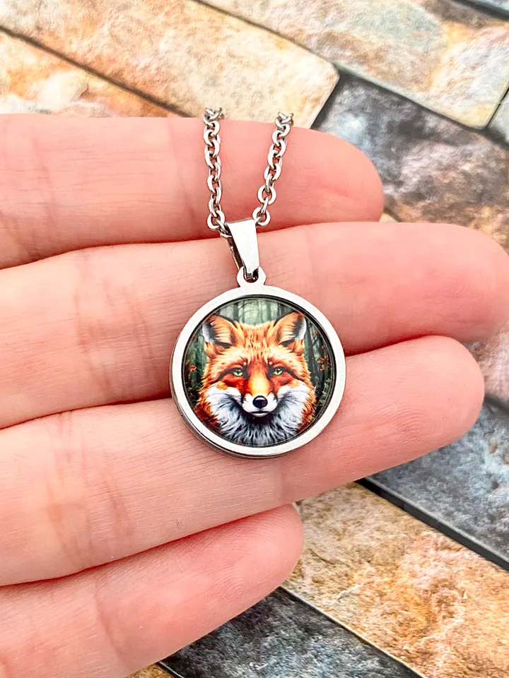 Fox head necklace, steel pendant with glass, Fox lover gift