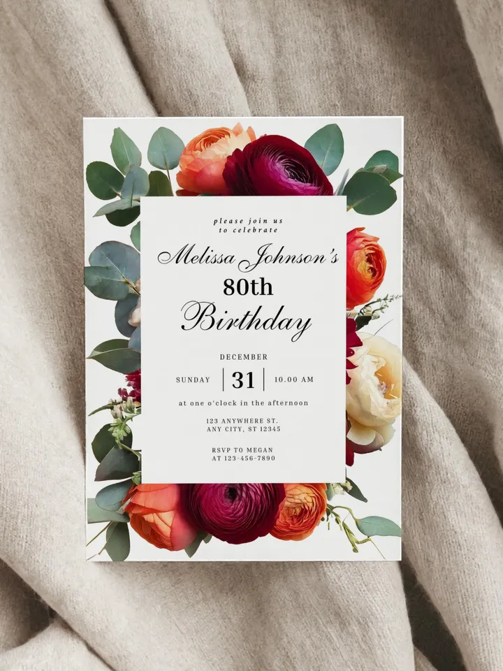80th Birthday Invitation Elegant Floral Birthday Evite, Burgundy Peach Ivory Ranunculus Eucalyptus 85th Printable Invite canva template