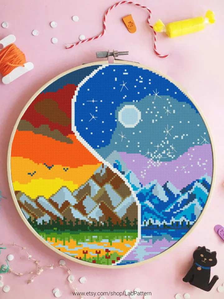 Yin-Yang Mountains Cross stitch pattern | Embroidery Pattern | Instant Download | Embroidery Designs