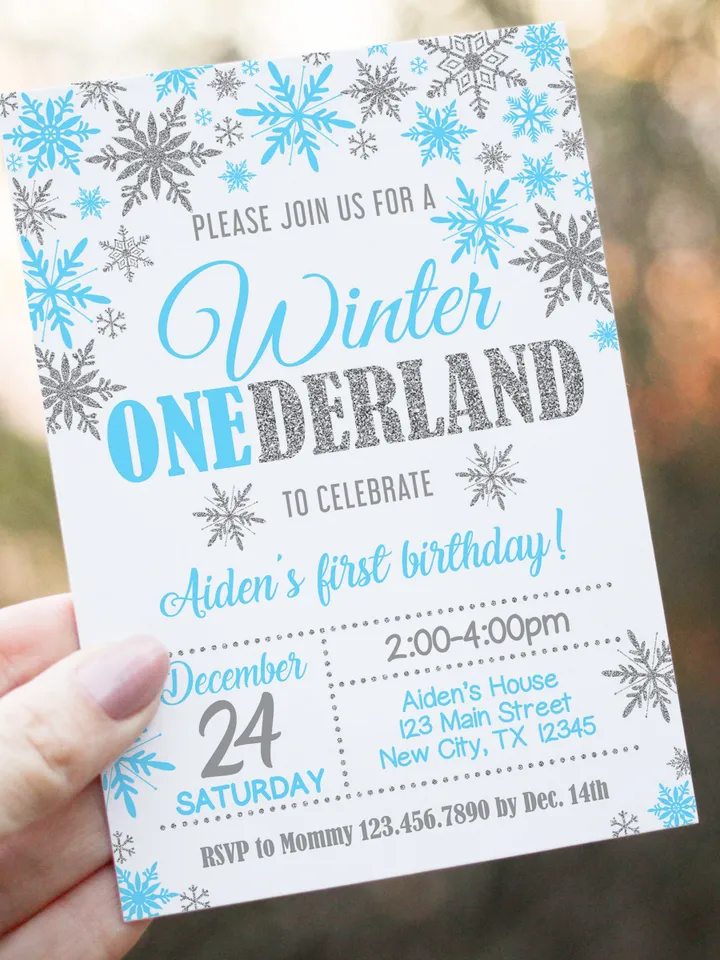 Winter Onederland Invitation Boy 1st Birthday Invitation, Winter Wonderland Birthday Invitation, Blue Silver Snowflake Editable Template