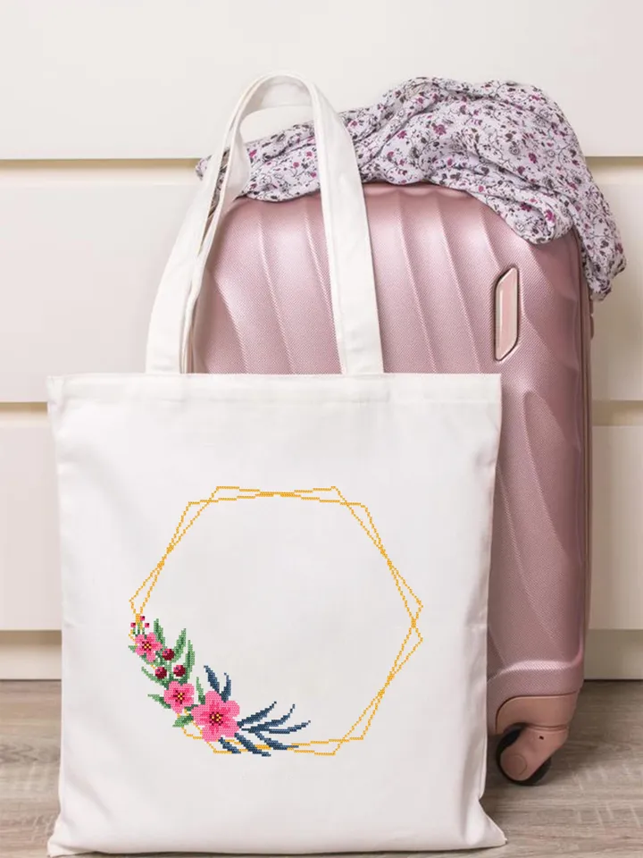 Flower frame cross stitch pattern PDF download Your text here, Simple wreath cross stitch chart, Pentagon frame pattern digital PDF #Y6