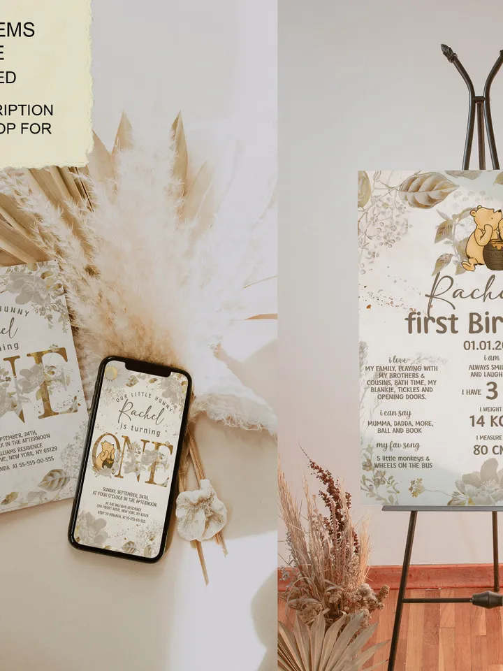 ONE First Birthday Banner Winnie the Pooh Birthday Party; Winnie Pooh 1st Birthday; Editable Birthday Banner; Birthday Decoration Pooh wg4