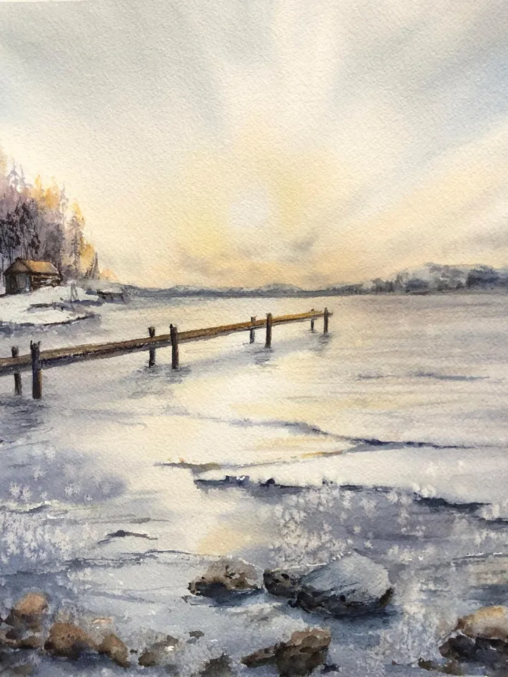 Landscape Original Watercolor Painting Sunset Art Lake Painting