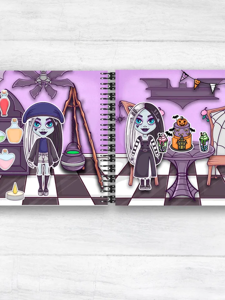 Printable Witch Paper doll house ,Halloween printable doll with a set clothes, Blythe paper doll dress up, Busy book printable crafts kids