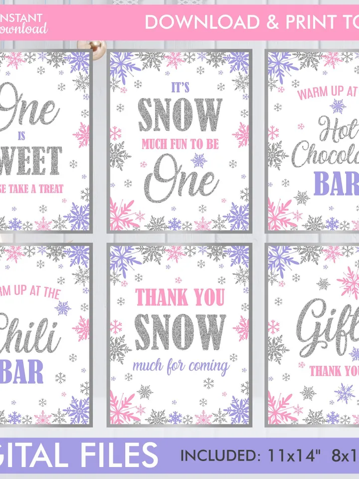 Winter Onederland Signs, Winter Onederland Birthday Girl Decorations, Pink Purple Silver Snowflakes Birthday Decorations Instant Download