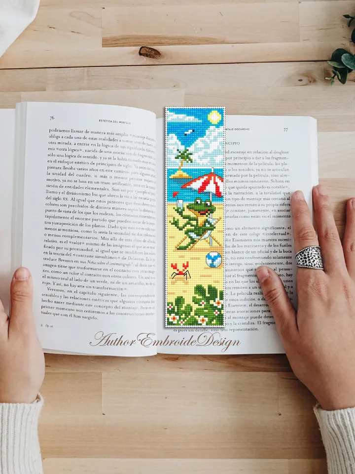 Summer bookmark cross stitch pattern PDF download Funny frog cross stitch chart, Beach bookmark pattern digital PDF, Beach vacation #B448