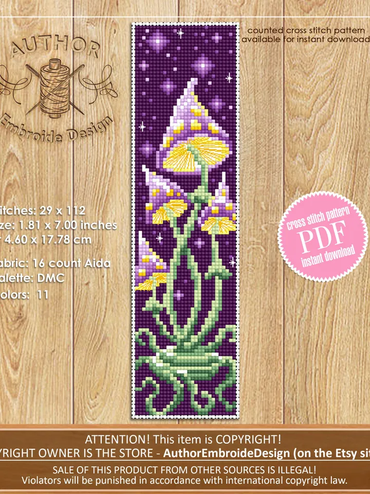 Mushroom bookmark cross stitch pattern PDF download Magic mushroom cross stitch chart, Digital bookmark pattern PDF Fantasy embroidery #B164