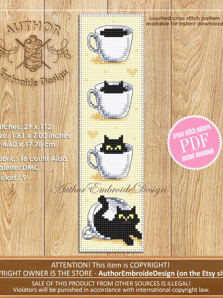 Cat bookmark cross stitch pattern download PDF Black cat cross stitch chart, Funny bookmark digital pattern PDF, Cat cup embroidery #B318