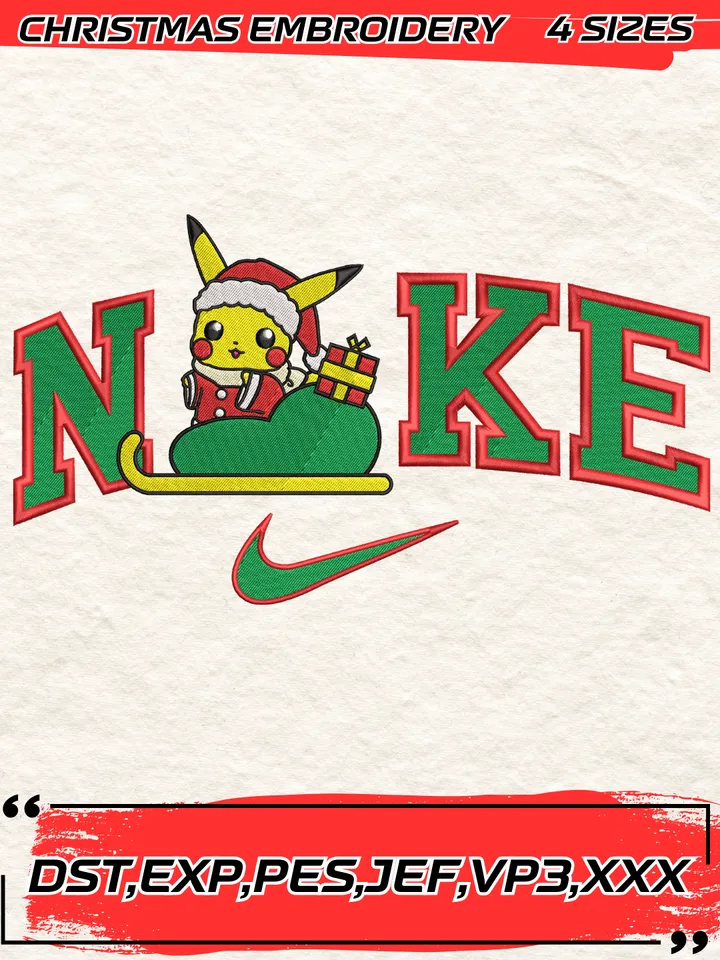 Swoosh Pikachu Santa Gift Christmas Embroidery Design,Christmas Embroidery Design,4 Sizes,Digital Download