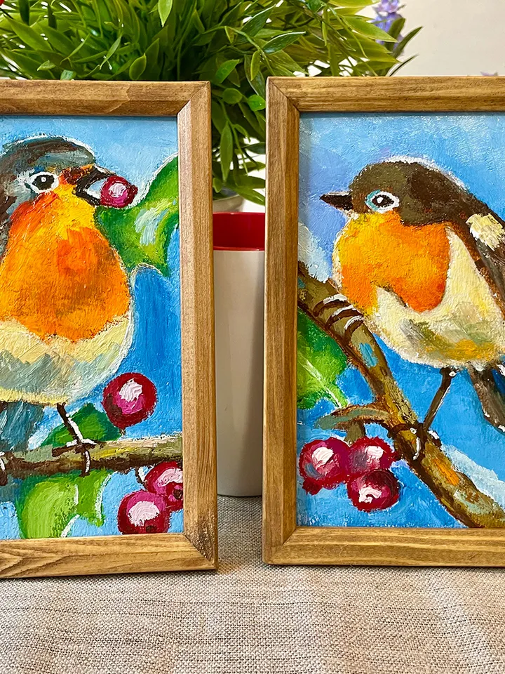 Robin bird painting, original oil painting, Framed animal art