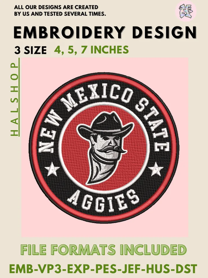 New Mexico State Aggies NCAA Mascot Logo Embroidery Design – College Team Pattern, Machine Embroidery Files, 3 Sizes Digital Instant Download