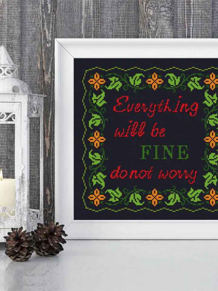 Framed quote cross stitch pattern PDF Everything will be fine Floral frame cross stitch download PDF, Folk ornaments hand embroidery #Q2