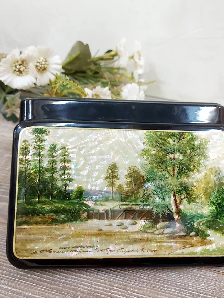 Lacquer Box "Summer landscape" Hand-painted miniature painting. Jewelry box Mother of pearl Papier-mache. Home decor. Christmas gift