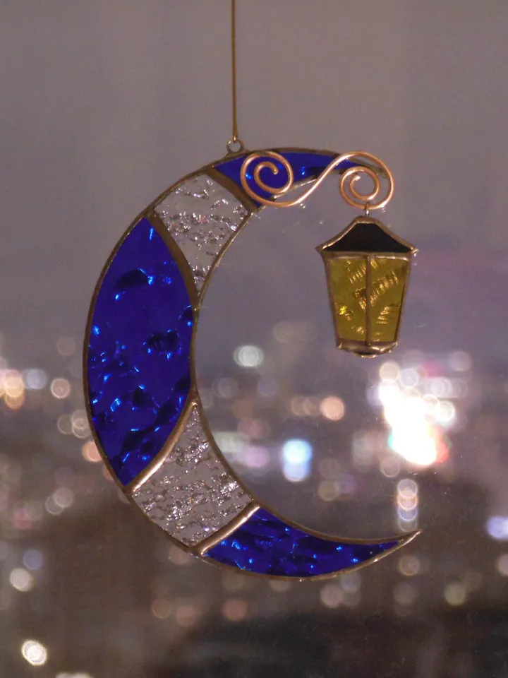 Moon with Street Light . Stained glass window hanging Suncatcher , idea for anniversary , birthday and Christmas gift
