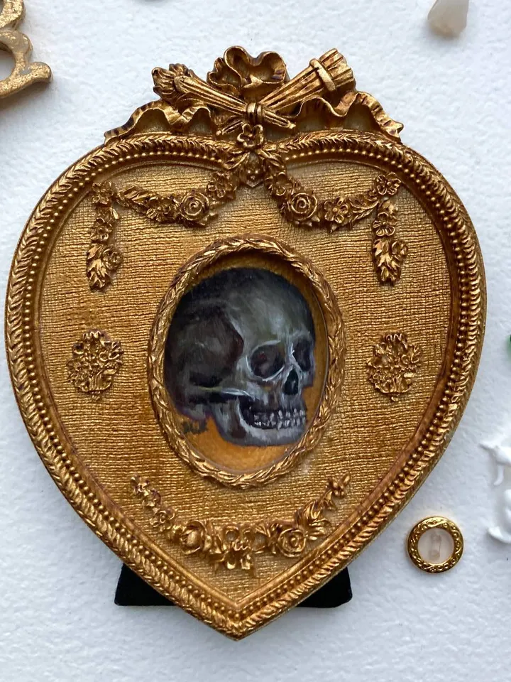 Tiny Skull Oil Painting Original In Vintage Style Frame Small Framed Still Life Art