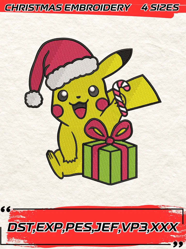 Pikachu Santa Hat Christmas Embroidery Design, Pokemon Embroidery Design,Christmas Embroidery Design,4 Sizes,Digital Download