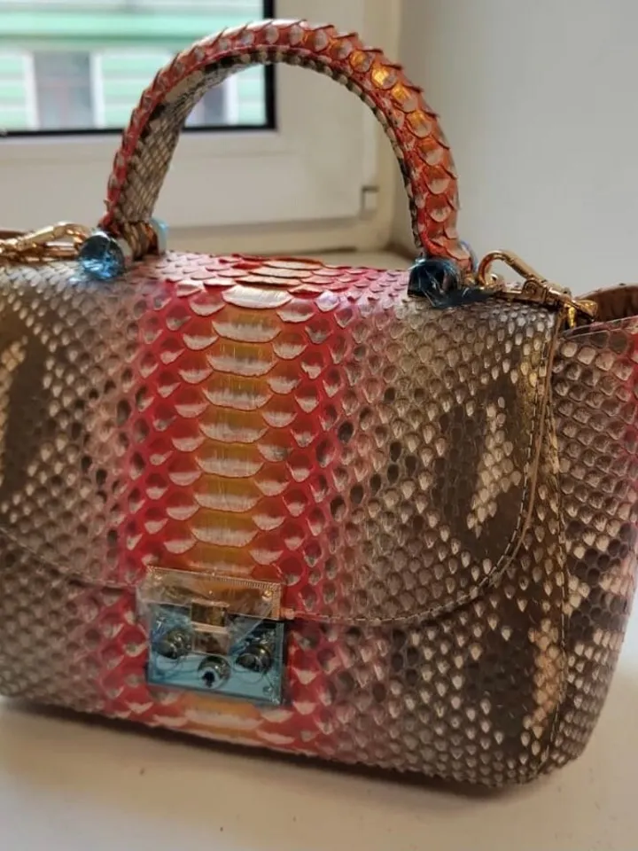 Genuine python top handle bag / designer bag / exotic leather bag /bronze leather designer women purse / classy elegant snake print bag