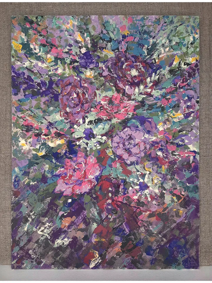 Roses PAINTING Daisies Art 13,8x10” ORIGINAL Abstract Purple Flowers Painting Impressionist Art Signed by artist Marina Chuchko