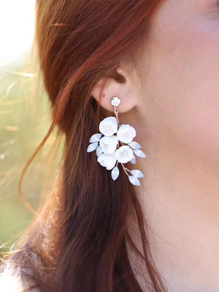 Opal Bridal Earrings, Delicate Porcelain Flower Wedding Earrings, Boho Wedding Earrings, Floral Wedding Earrings
