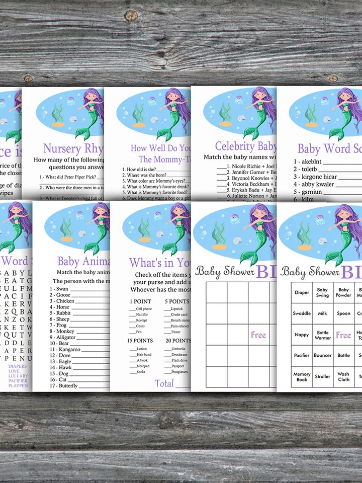 Mermaid baby shower games bundle,Under the sea Baby Shower games package,Fun Baby Shower Games,9 Printable Games-336
