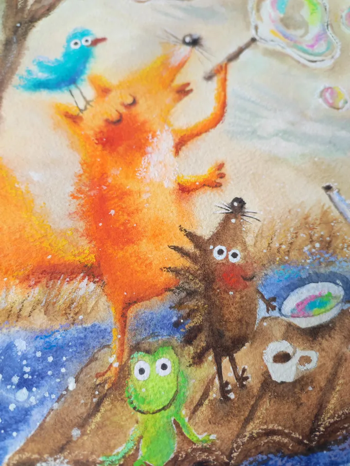 27x27cm Artwork by Julia Schigal "Soap Bubbles" - watercolor, gouache, pastel