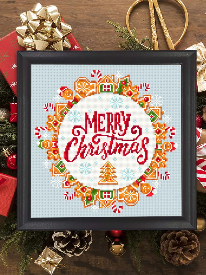 Merry Christmas cross stitch pattern download PDF Gingerbread wreath cross stitch chart Christmas pattern digital DIY Christmas decor #N23