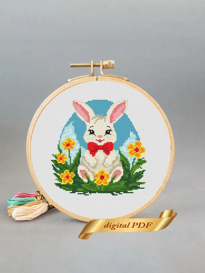 Happy Easter cross stitch pattern pdf, Banny embroidery DIY Easter floral design