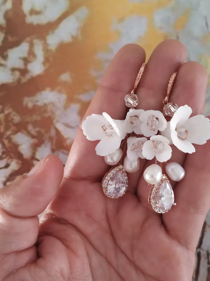 Porcelain Flower Rose Gold Earrings, Diamond Wedding Earrings, Freshwater Pearl Bridal Earrings, Boho Wedding Earrings, Boho Bridal Earrings