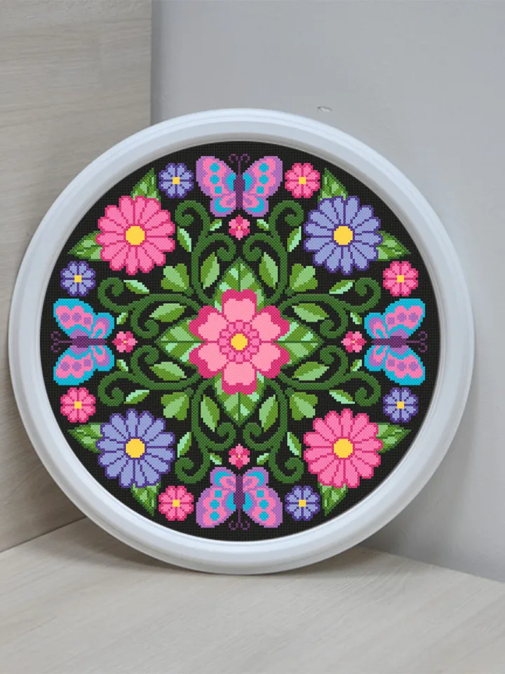 Floral mandala cross stitch pattern PDF download Mandala butterfly cross stitch chart, Summer mandala ornament for hand embroidery PDF #M149