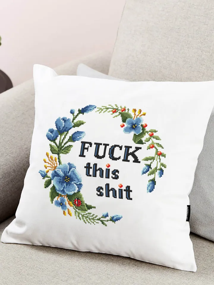 Framed quote Fuck This Shit cross stitch pattern download PDF Flower wreath cross stitch chart, Funny adult cross stitch DIY home decor #Q14