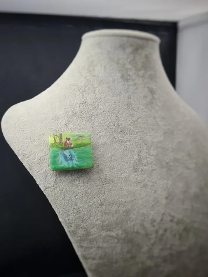 Kitsune brooch, real oil painting miniature on mother of pearl. Kitsune fox pin