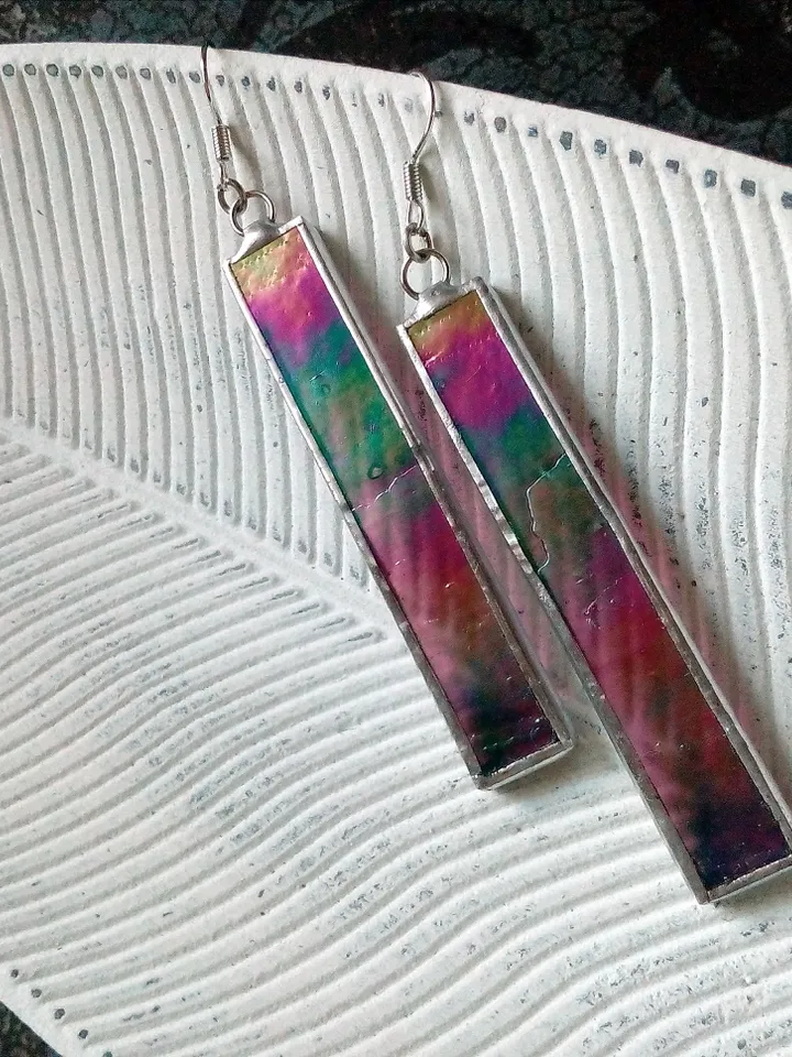 Iridescent stained glass earrings, cute rectangle earrings, dichroic earrings, duochrome earrings
