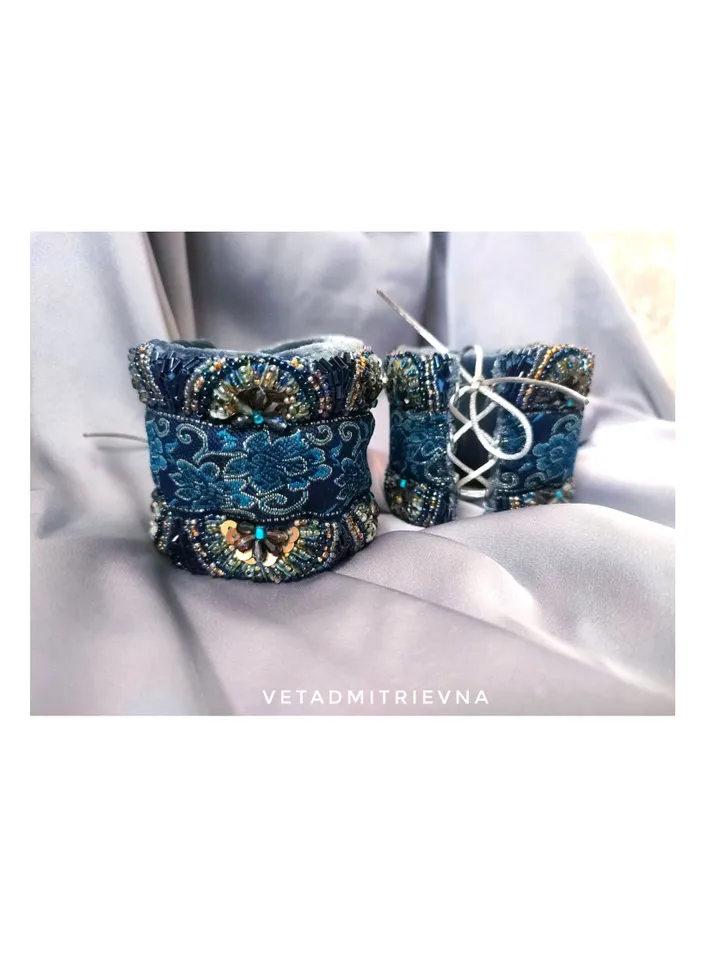Elegant Boho Jewelry Set Fabric Cuffs and Earrings in Dark Blue Shades Beaded Bohemian Style Eclectic Luxury Unique Jewelry