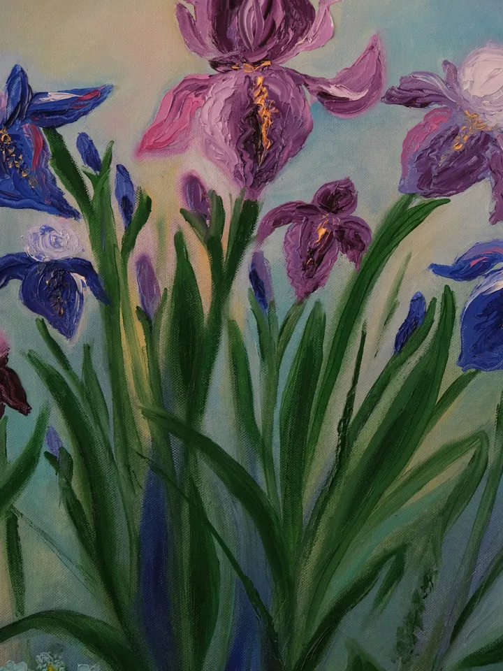 Oil Painting Irises Spring Flowers Floral Art Nature Bouquet of Irises Collectible Art Gift For the Occasion Wall Decor Stretched Canvas 22x18 inches 55 x45 cm Impressionism
