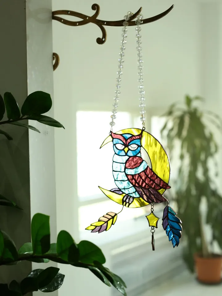 Stained Glass: Owl on the Moon, Stained Glass Owl on the Moon, Baby Room Hanging Owl and Stars, Moonlight Owl Stained Glass Mobile, Whimsical Owl and Moon Nursery Decoration, Handcrafted Stained Glass Owl for Kids' Room, Dreamy Owl and Moon Window Suncatc