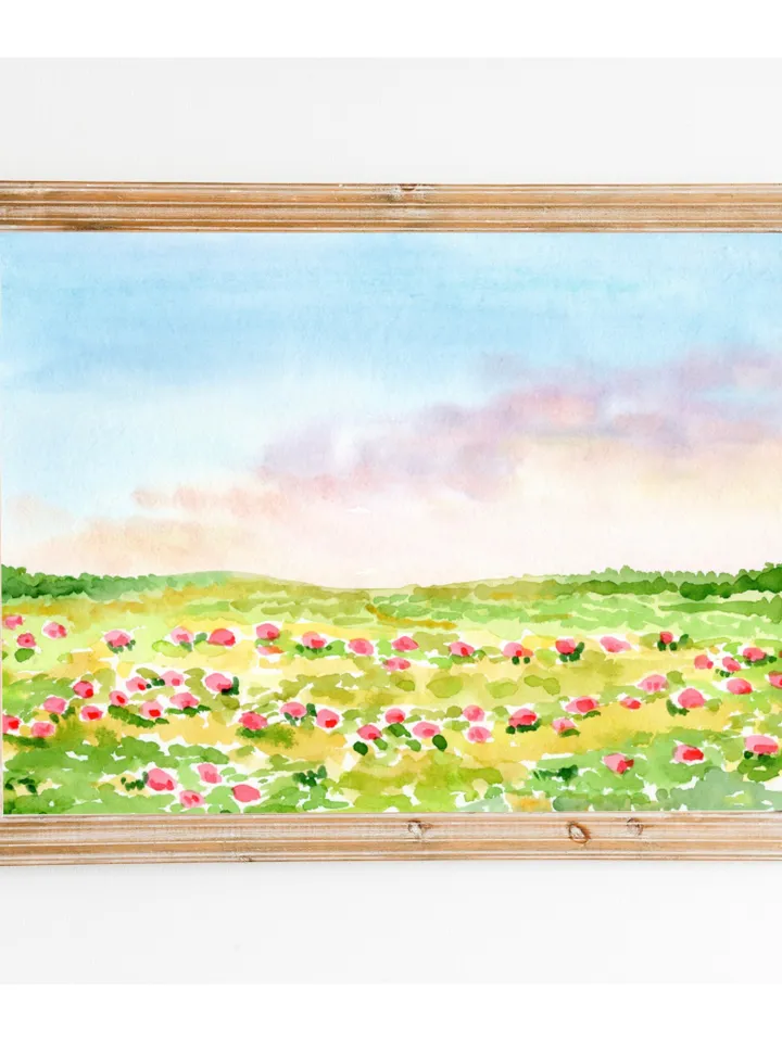 Wildflower Field Landscape, Impressionist Watercolor Painting, Summer Flowers Field, Vintage Decor Print, Meadow Painting, Colorful Flowers