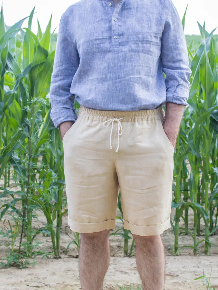Beige linen shorts for men with pockets and with elastic waist / Mens summer linen shorts / Linen organic clothing