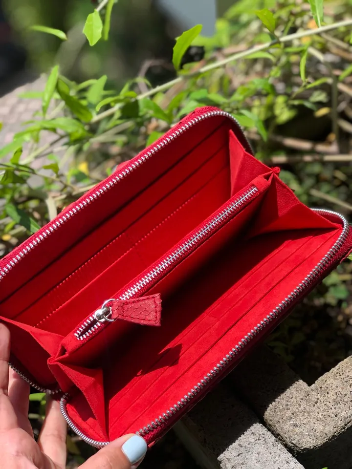 Red Genuine Python Skin Feng Shui Unisex Wallet | Red Leather Wallet Handmade | Snake Accessories | Total Red Woman Wallet Exotic Leather