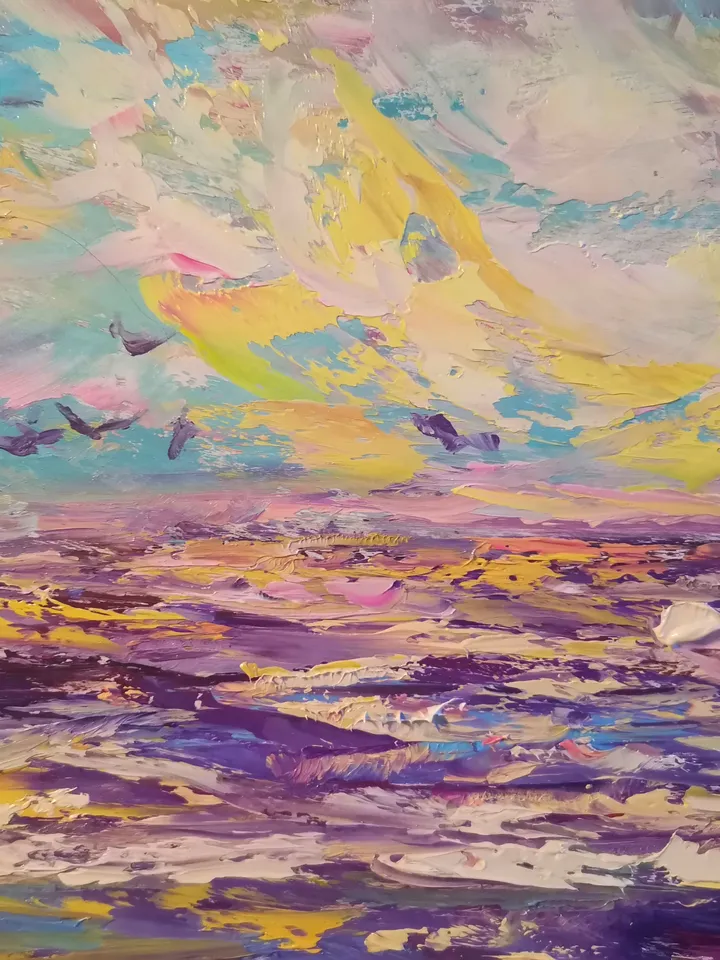 Hawaii Island Sea Sunset Original Art Oil Painting Rocks Gull Artist Svinar Oksana