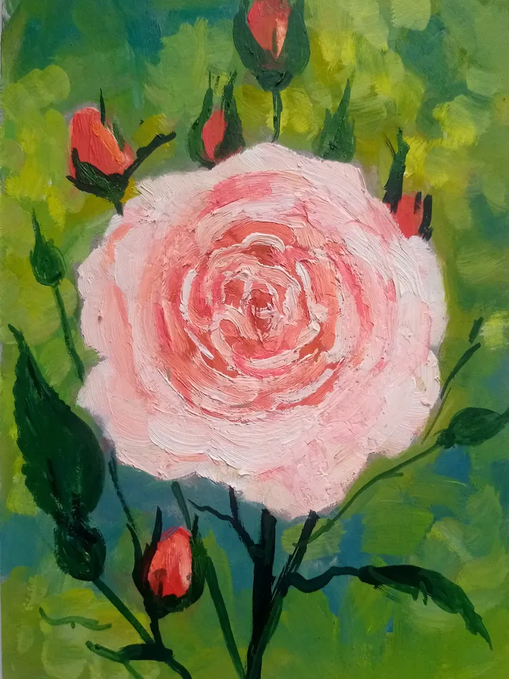 Small painting Portrait of a rose flower, handmade in oil on cardboard Open Rosebud Portrait , Pink Rose Original Art Floral wall art Artwor