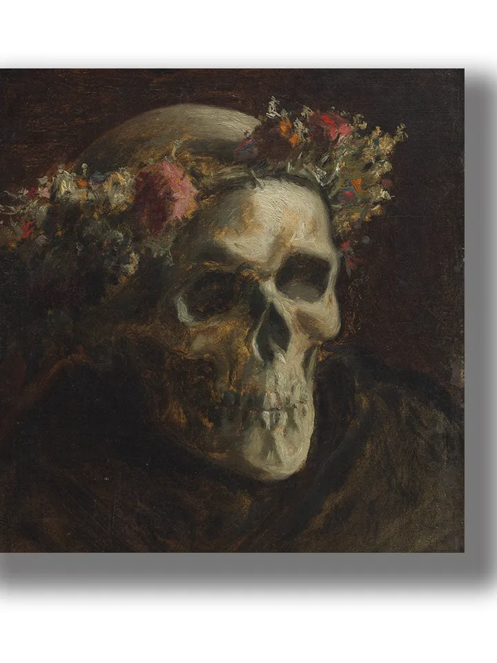 Skull wearing a wreath of flowers.