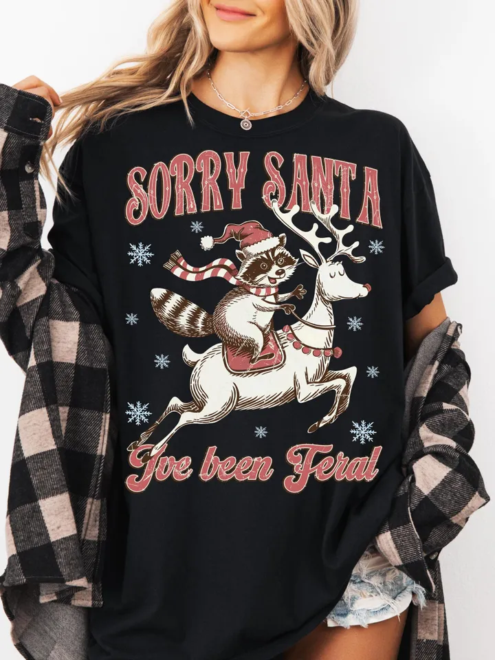 Retro Christmas PNG – Funny Raccoon with Santa Claus hat Graphic for t-shirts and decoration – Christmas design for sublimation and DTG