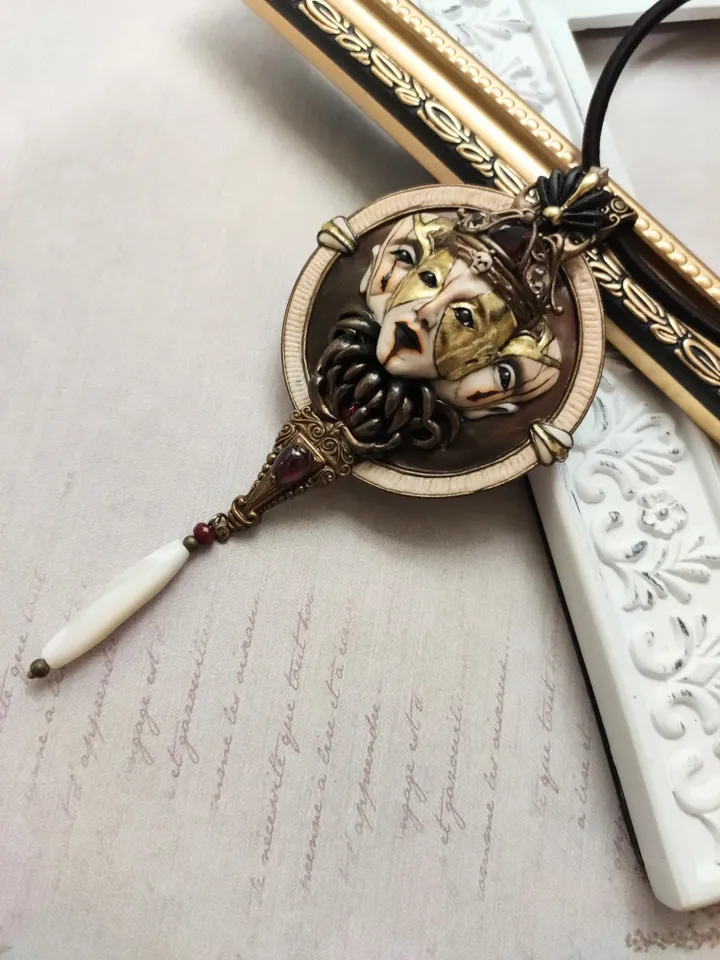Venetian Mask Jewelry, Antique bronze necklace, Trinity Necklace