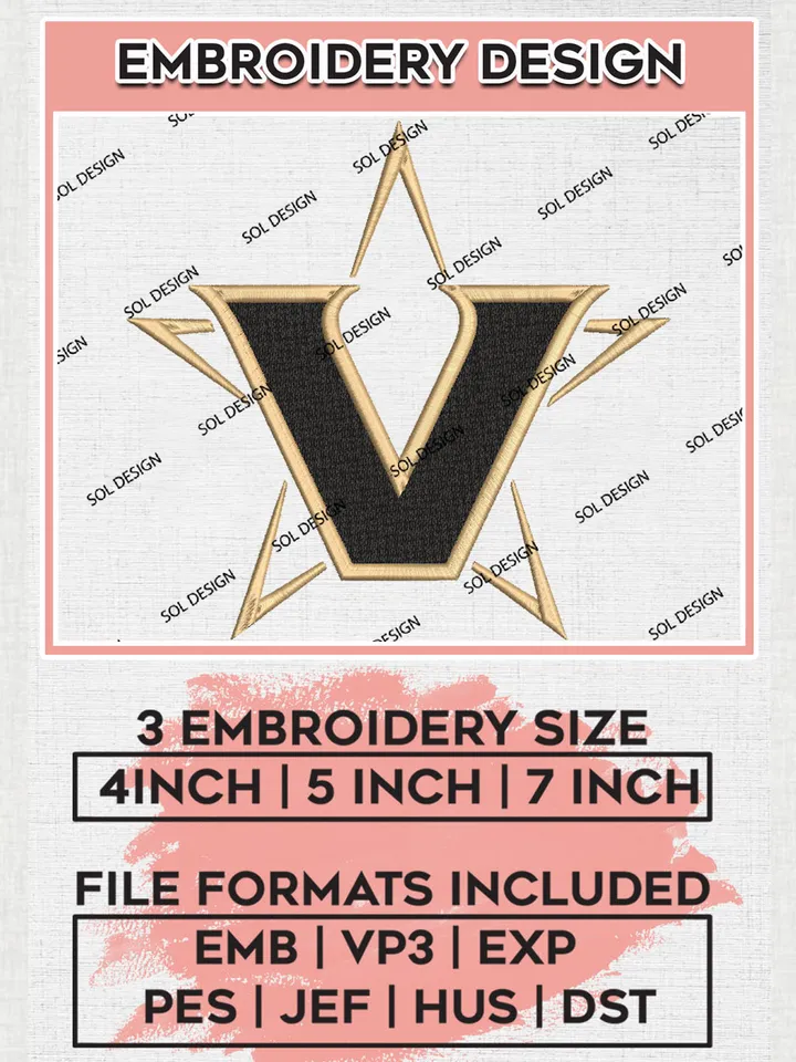 Vanderbilt Commodores Team Logo Embroidery Design Files, NCAA Vanderbilt Commodores Machine Embroidery, NCAA Teams, 3 sizes, NCAA Machine embroidery designs, Digital Download