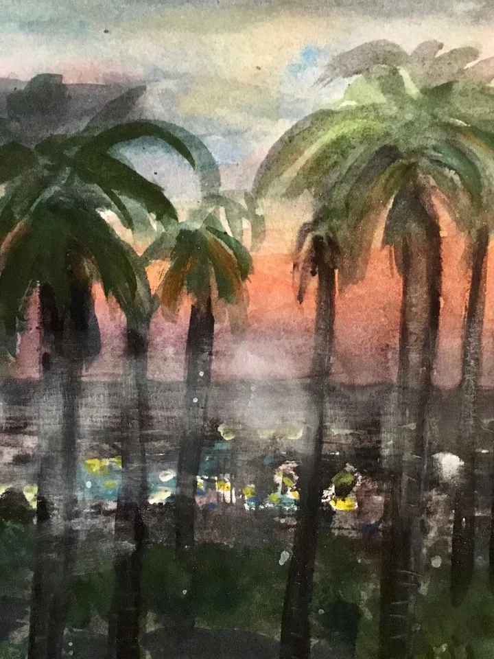 Los Angeles original watercolour painting,sunset palm trees painting,wall art,city painting,USA painting,unique handmade watercolor art.