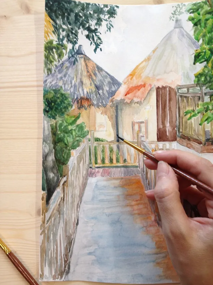 Original watercolor painting Tropical landscape House painting Wall art decor